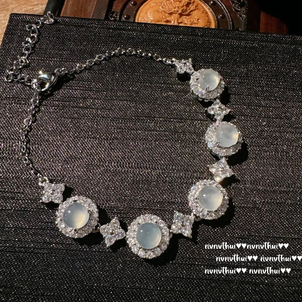 Myanmar Water Foam Jade Sunflower Egg Surface Gemstone Bracelet, Waxy Ice Chalcedony Egg-shaped Zircon Bracelet