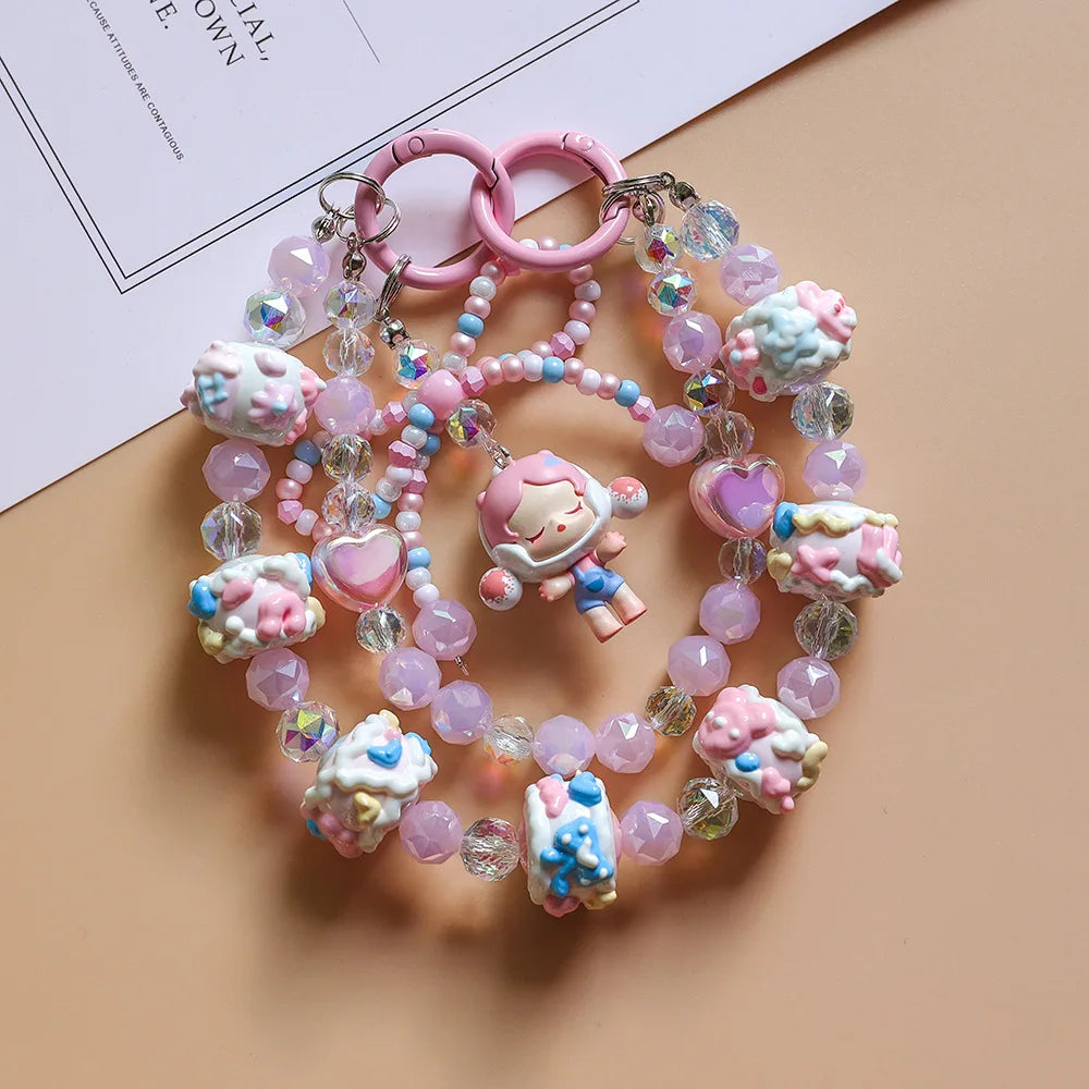 Anime Keychain Cartoon Mobile Phone Chain  High-end Crystal Beaded Pendant Hand-painted Bead Bag Hanging Jewelry Women Girls