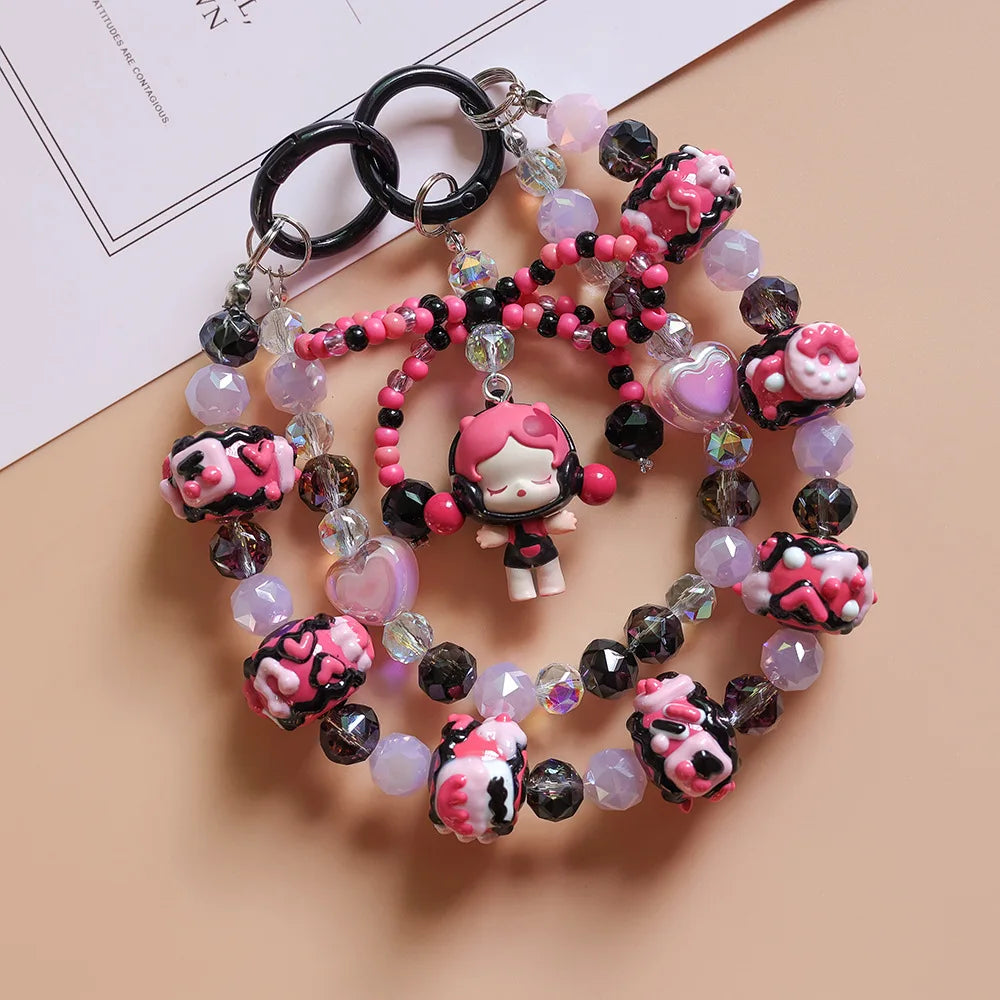 Anime Keychain Cartoon Mobile Phone Chain  High-end Crystal Beaded Pendant Hand-painted Bead Bag Hanging Jewelry Women Girls