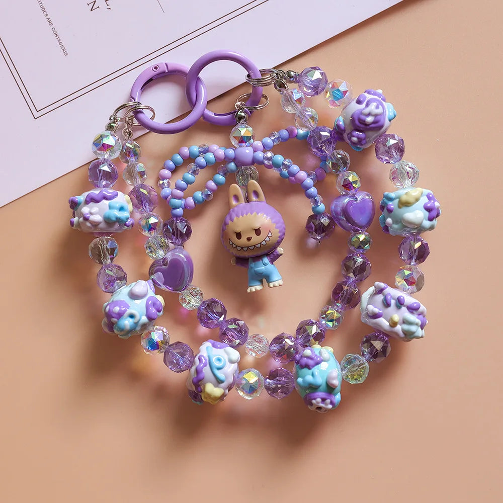 Anime Keychain Cartoon Mobile Phone Chain  High-end Crystal Beaded Pendant Hand-painted Bead Bag Hanging Jewelry Women Girls