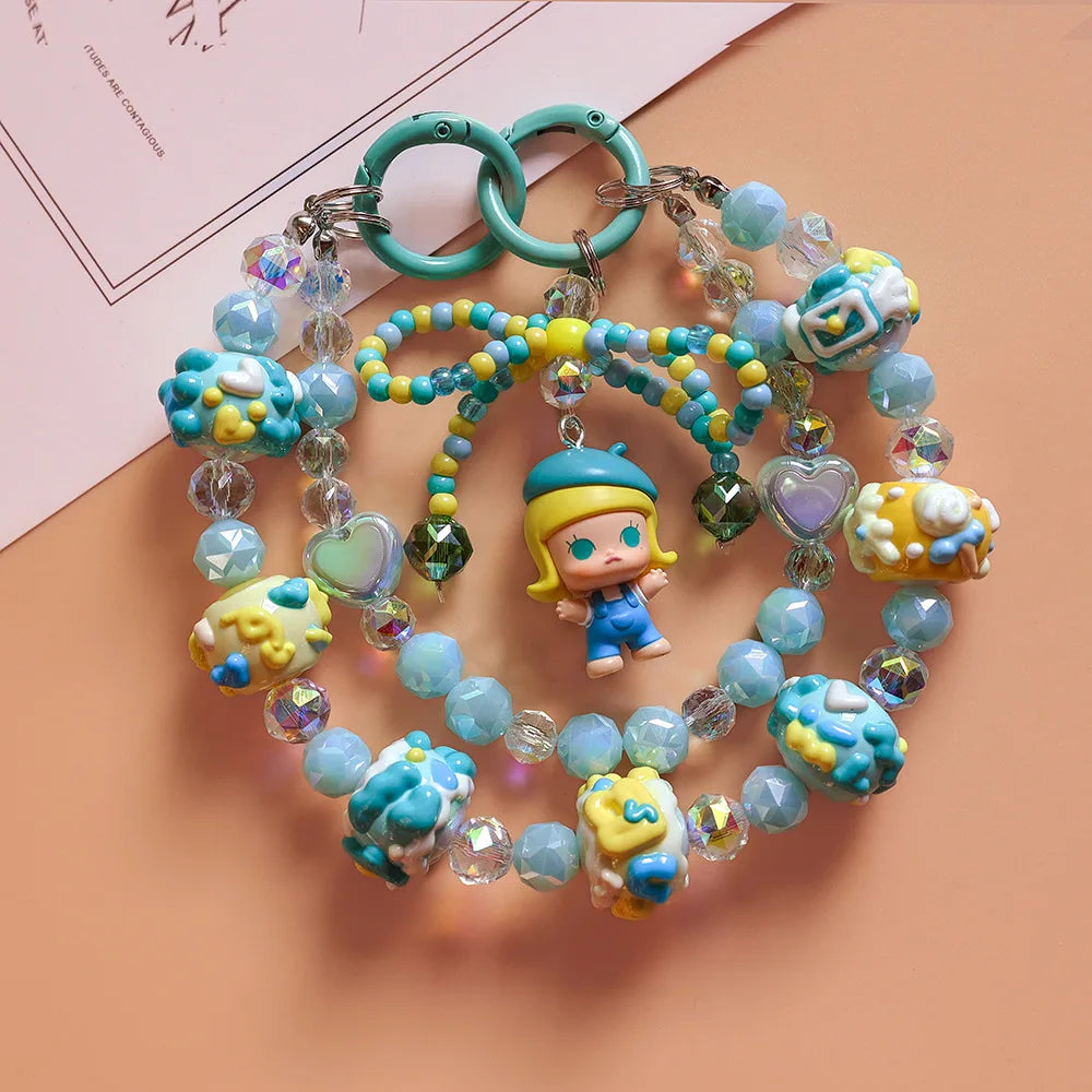 Anime Keychain Cartoon Mobile Phone Chain  High-end Crystal Beaded Pendant Hand-painted Bead Bag Hanging Jewelry Women Girls