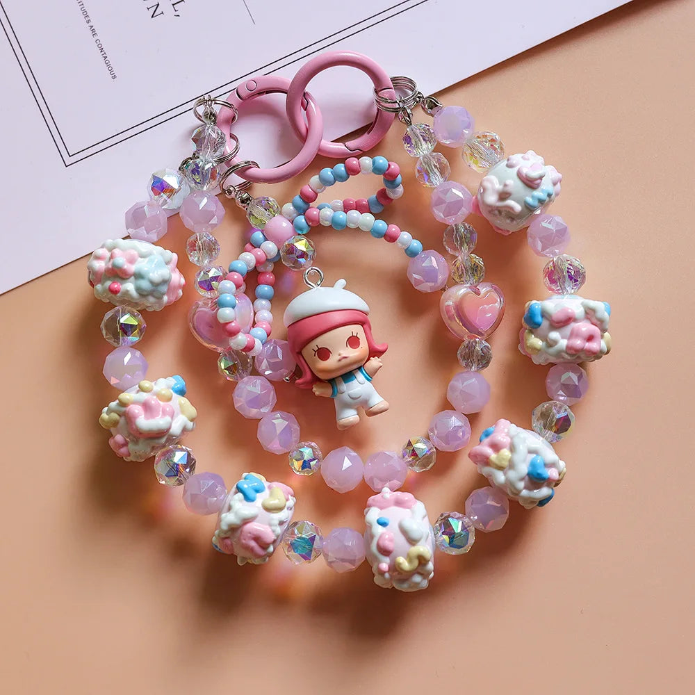 Anime Keychain Cartoon Mobile Phone Chain  High-end Crystal Beaded Pendant Hand-painted Bead Bag Hanging Jewelry Women Girls