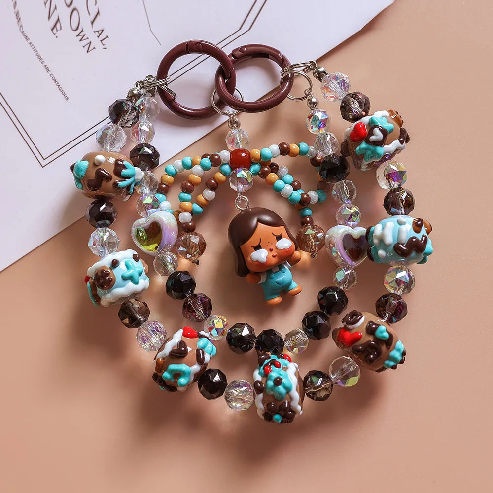 Anime Keychain Cartoon Mobile Phone Chain  High-end Crystal Beaded Pendant Hand-painted Bead Bag Hanging Jewelry Women Girls