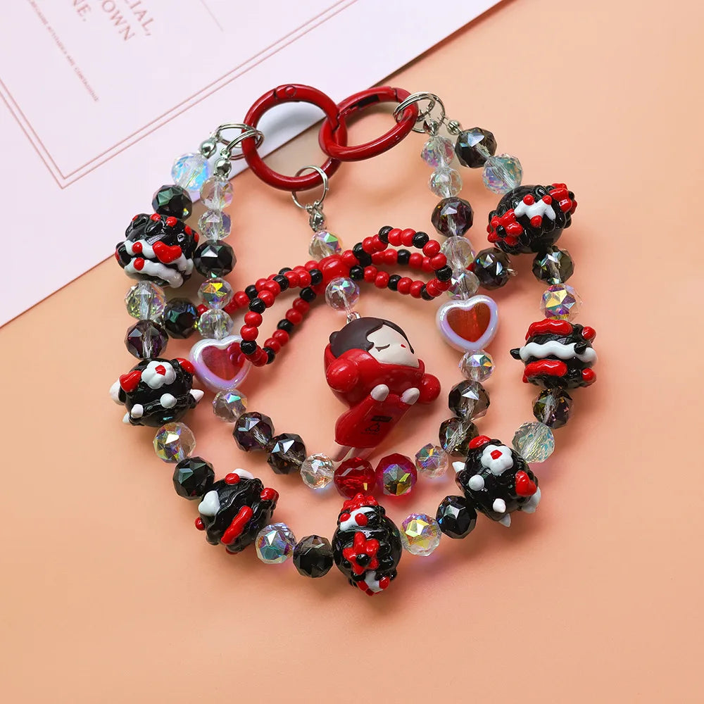 Anime Keychain Cartoon Mobile Phone Chain  High-end Crystal Beaded Pendant Hand-painted Bead Bag Hanging Jewelry Women Girls