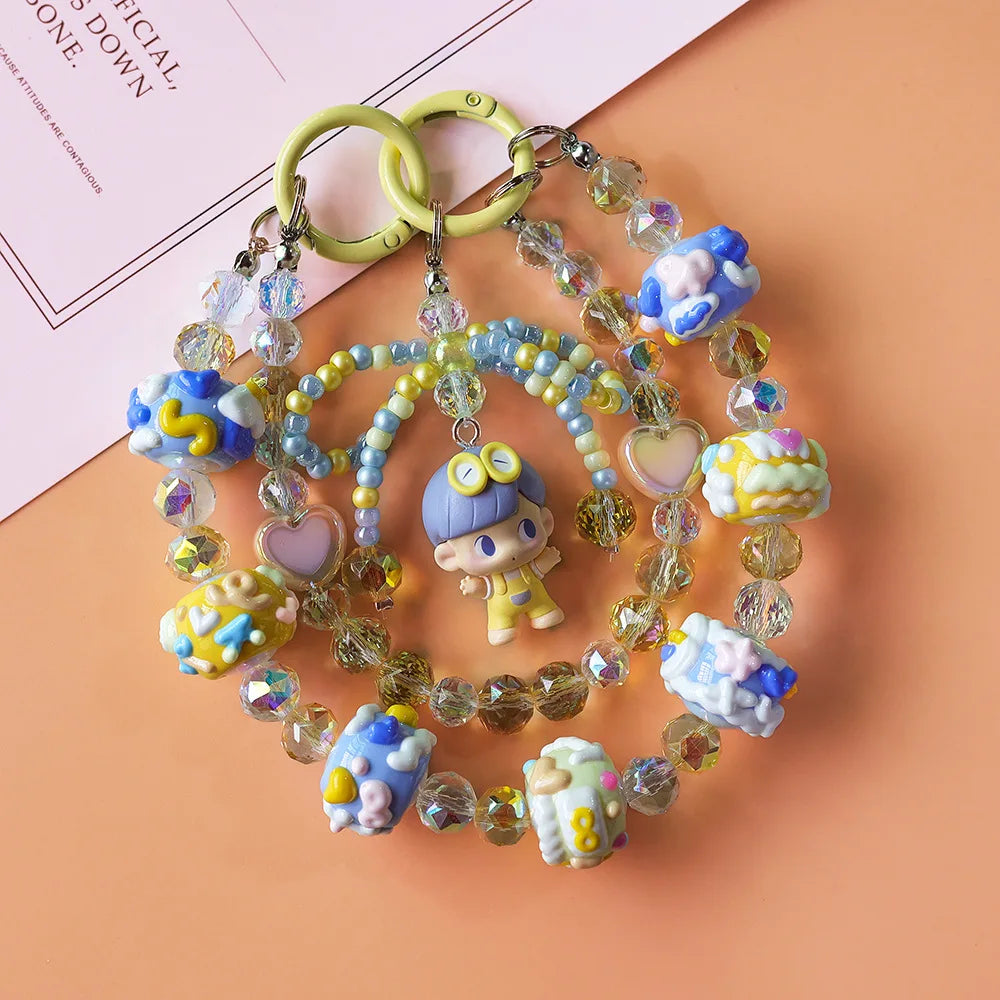 Anime Keychain Cartoon Mobile Phone Chain  High-end Crystal Beaded Pendant Hand-painted Bead Bag Hanging Jewelry Women Girls