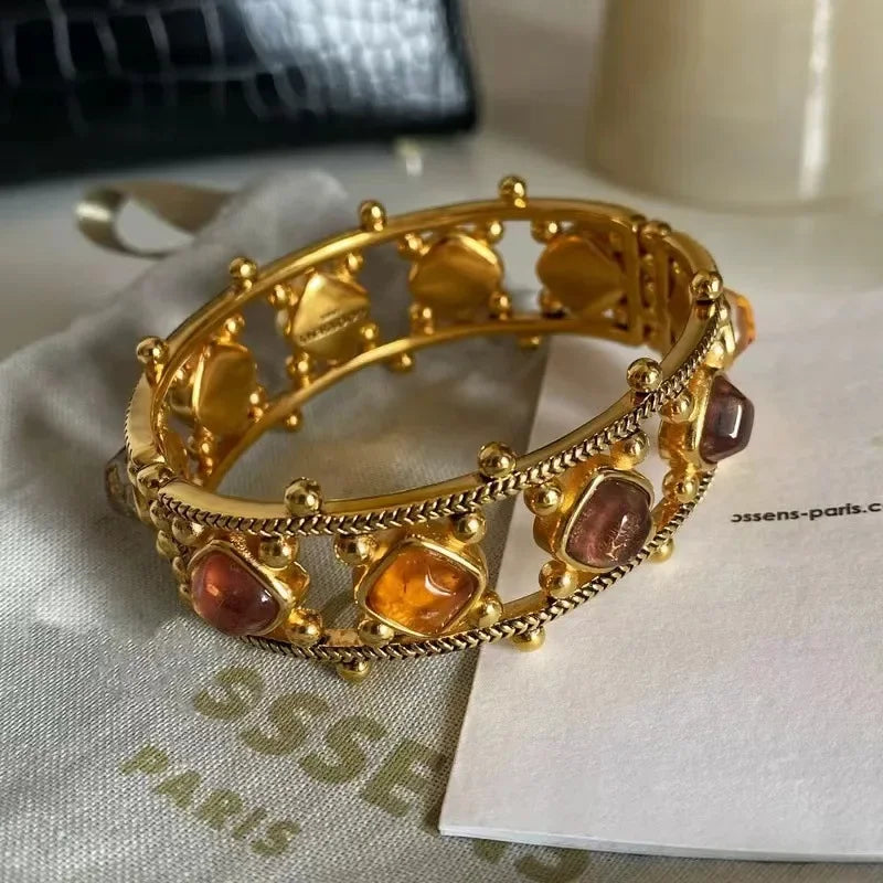 Classic Amber Opal Venetian Natural Crystal Light Luxury Wide Edition Bracelet Ins