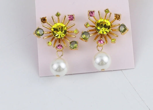 Copper Gold-plated Colorful Diamond Fireworks Stud Earrings Fashion Temperament Pearl Earrings Women