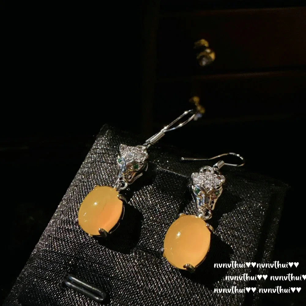 Fairy Gas Ice Through Chicken Oil Chalcedony Pigeon Egg Ring, Sunset Yellow Ice Chalcedony Cheetah, Earrings