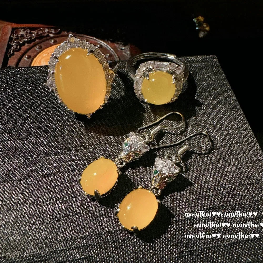 Fairy Gas Ice Through Chicken Oil Chalcedony Pigeon Egg Ring, Sunset Yellow Ice Chalcedony Cheetah, Earrings