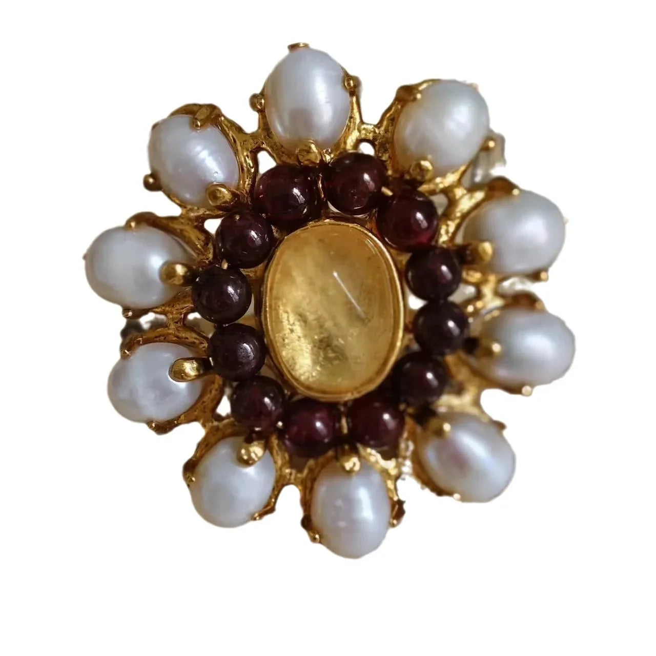 French Niche Natural Baroque Pearl Red Pomegranate Inlaid Open Ring Retro Style