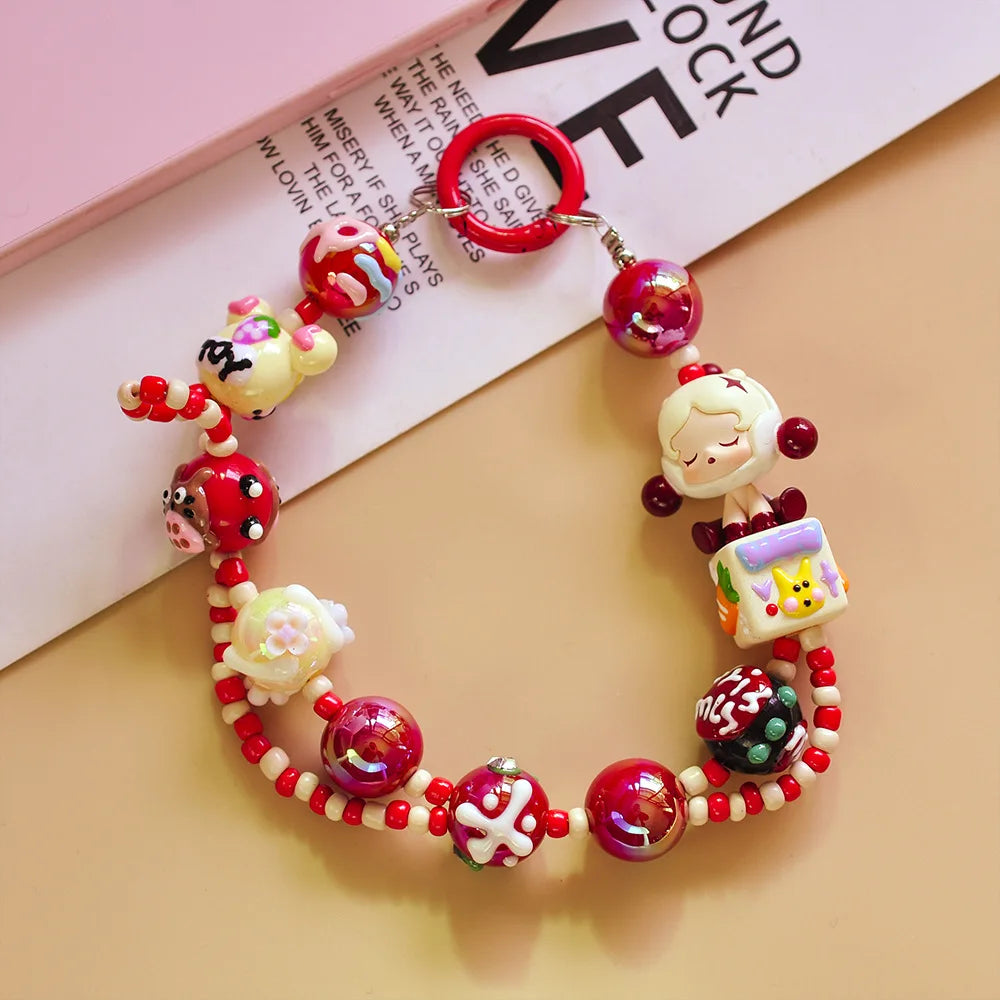 Genuine Cute Grain Sitting Cartoon Beaded Mobile Phone Chain Colored Hand-painted Beads Keychain Bag Pendant Jewelry