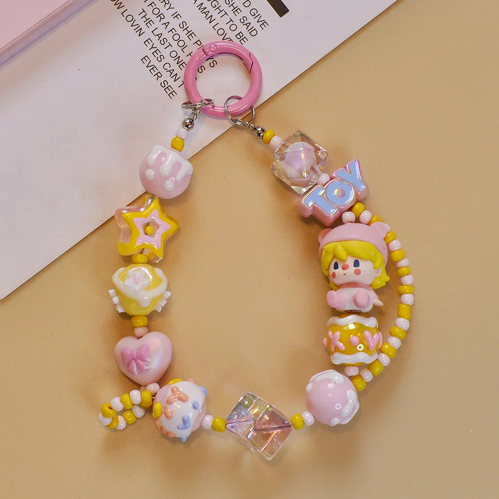 Genuine Cute Grain Sitting Cartoon Beaded Mobile Phone Chain Colored Hand-painted Beads Keychain Bag Pendant Jewelry