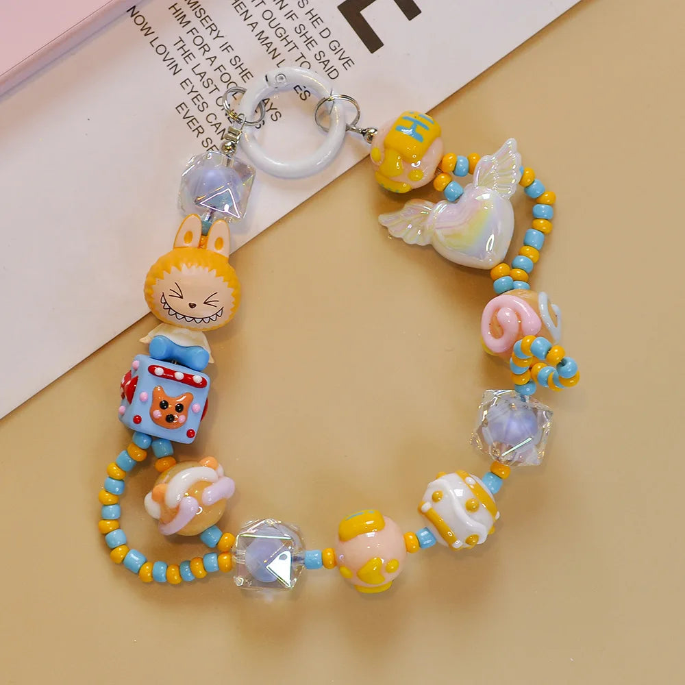 Genuine Cute Grain Sitting Cartoon Beaded Mobile Phone Chain Colored Hand-painted Beads Keychain Bag Pendant Jewelry