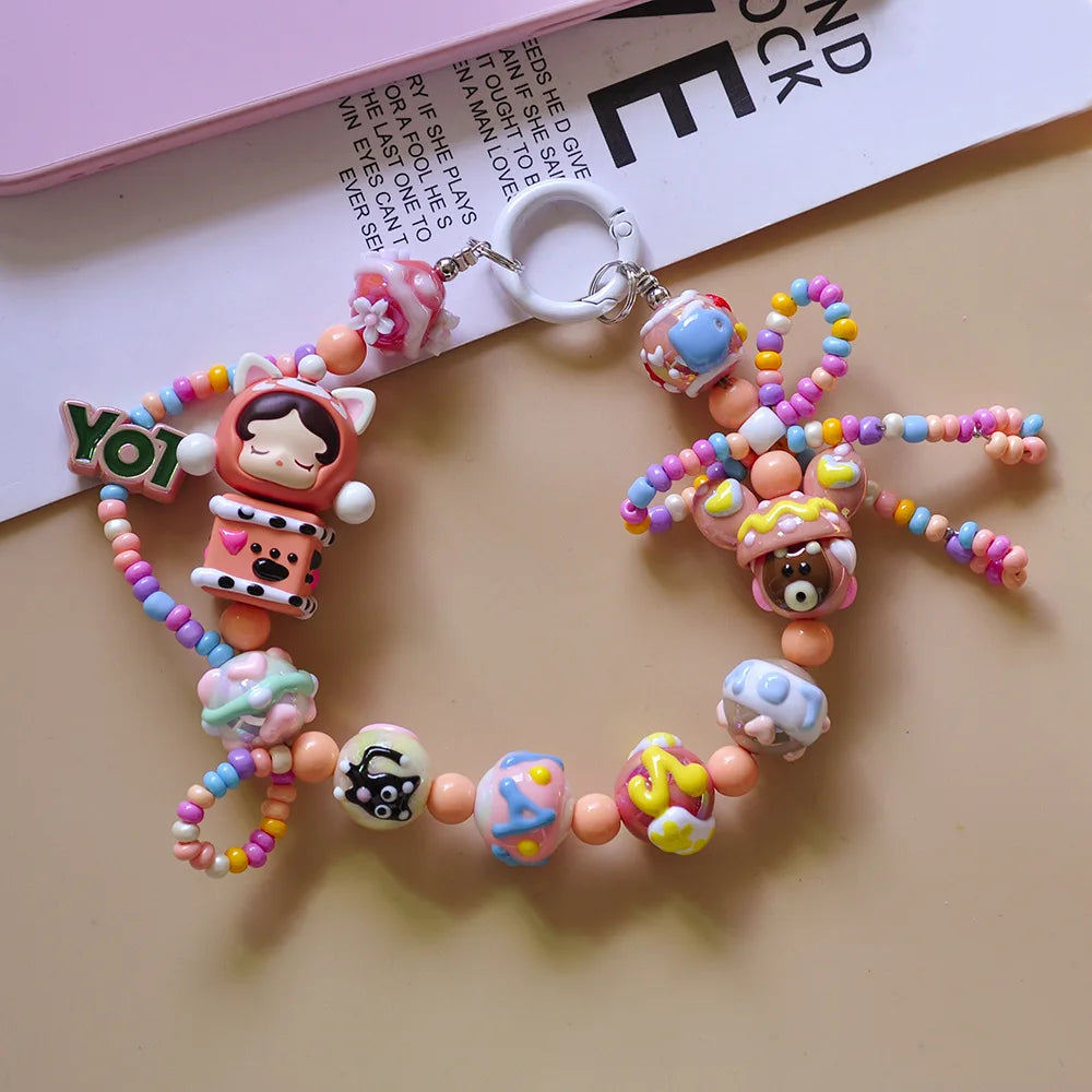 Genuine Cute Grain Sitting Cartoon Beaded Mobile Phone Chain Colored Hand-painted Beads Keychain Bag Pendant Jewelry