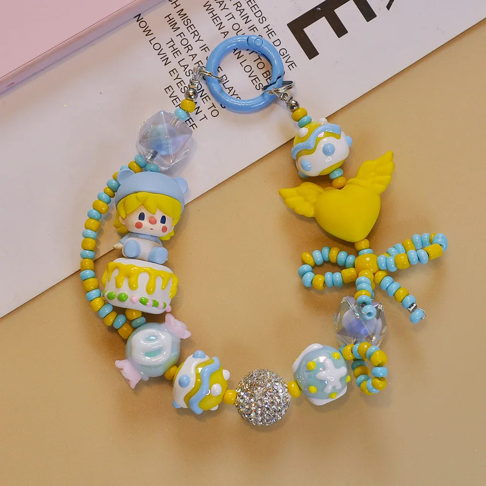 Genuine Cute Grain Sitting Cartoon Beaded Mobile Phone Chain Colored Hand-painted Beads Keychain Bag Pendant Jewelry