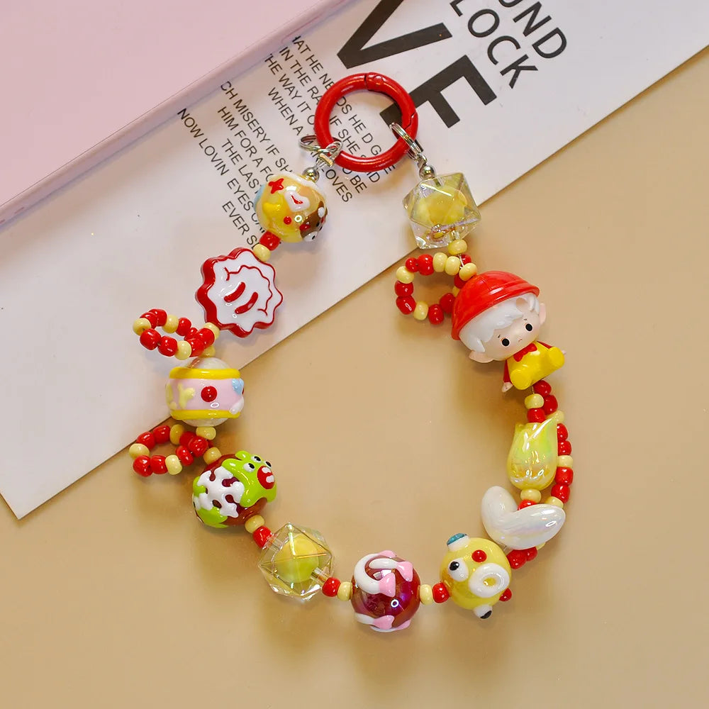 Genuine Cute Grain Sitting Cartoon Beaded Mobile Phone Chain Colored Hand-painted Beads Keychain Bag Pendant Jewelry