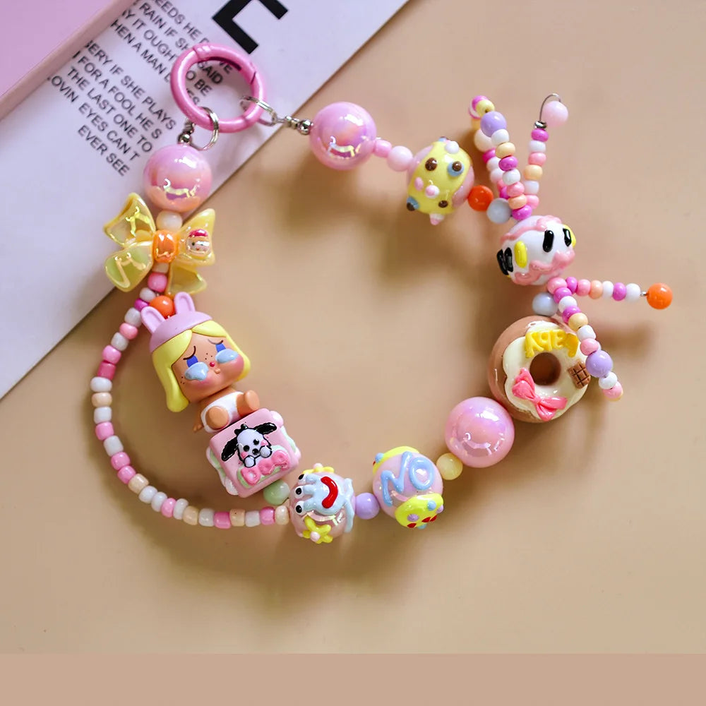 Genuine Cute Grain Sitting Cartoon Beaded Mobile Phone Chain Colored Hand-painted Beads Keychain Bag Pendant Jewelry