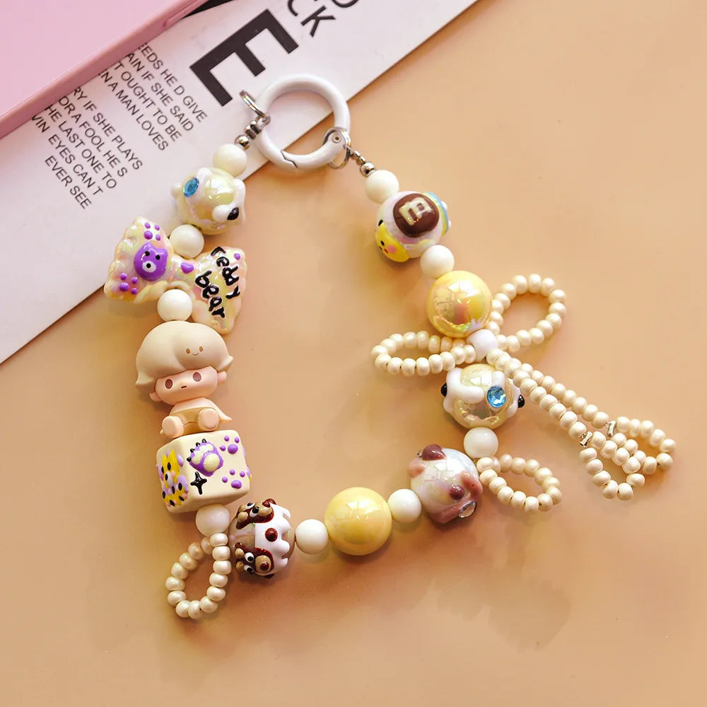 Genuine Cute Grain Sitting Cartoon Beaded Mobile Phone Chain Colored Hand-painted Beads Keychain Bag Pendant Jewelry