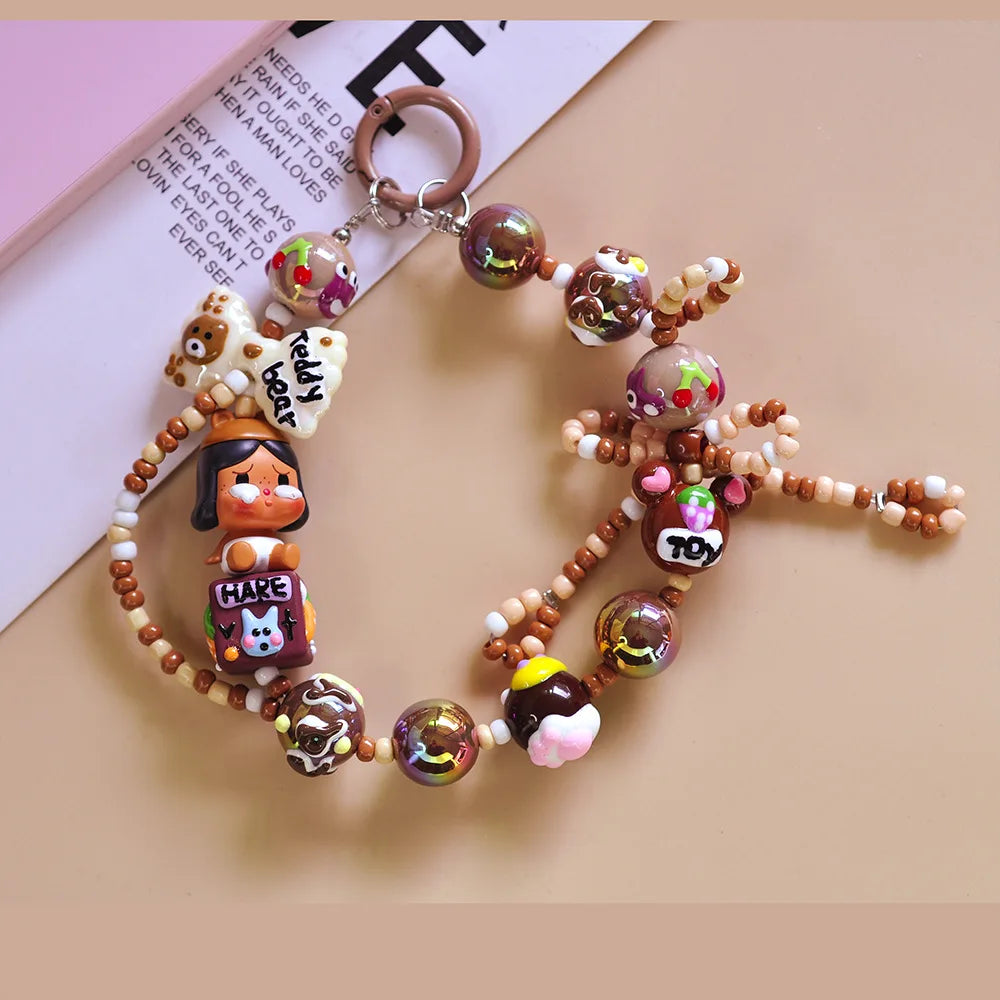 Genuine Cute Grain Sitting Cartoon Beaded Mobile Phone Chain Colored Hand-painted Beads Keychain Bag Pendant Jewelry