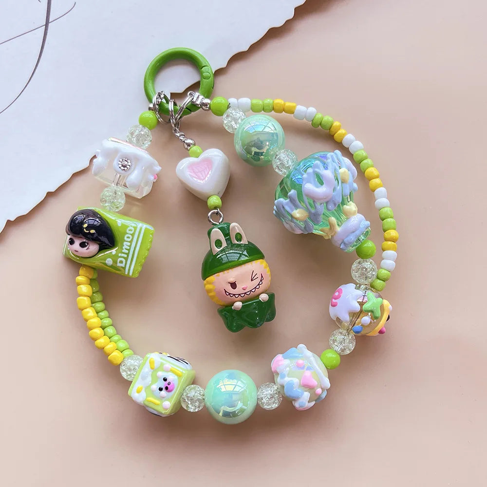 Genuine Cute Grain Sitting Cartoon Beaded Mobile Phone Chain Colored Hand-painted Beads Keychain Bag Pendant Jewelry