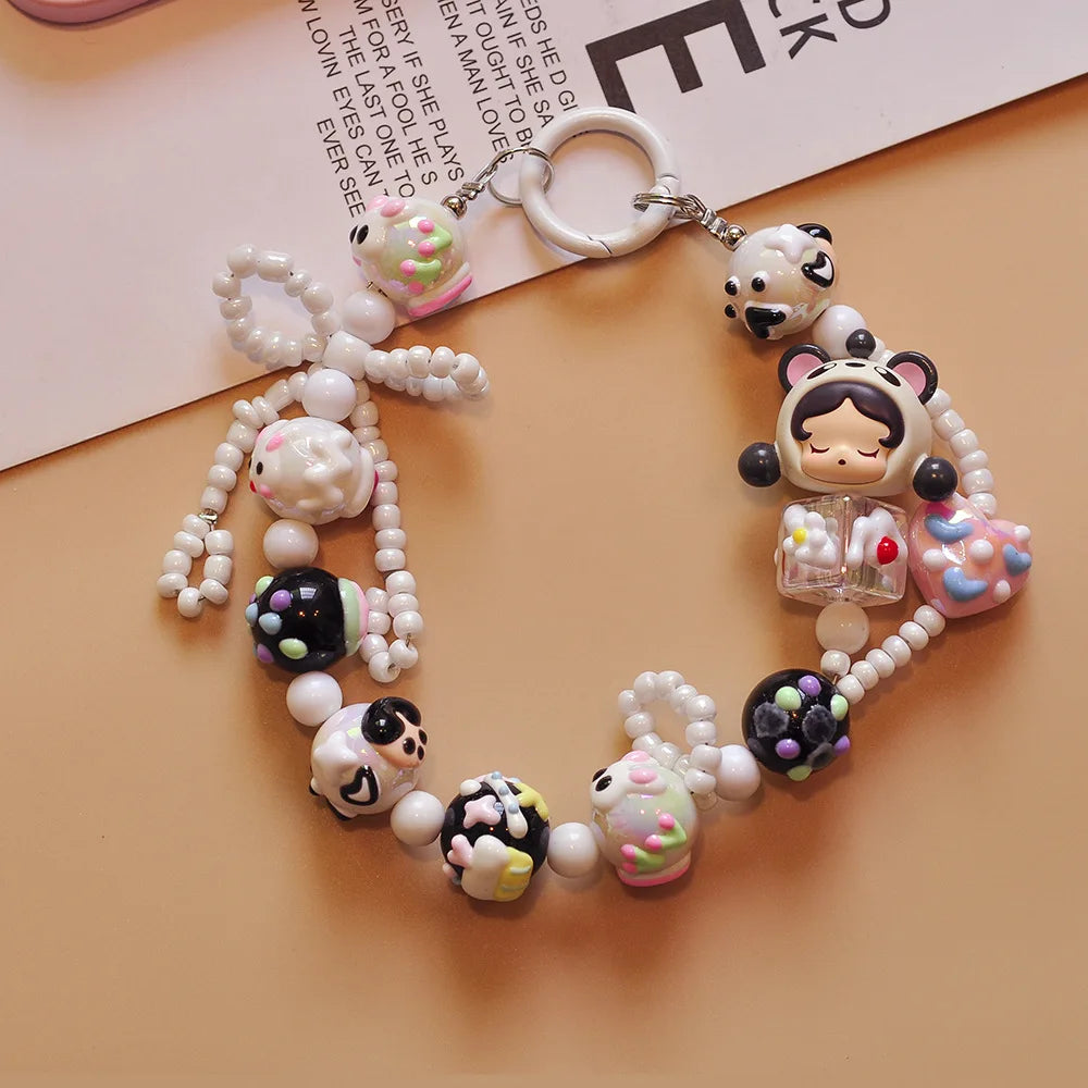 Genuine Cute Grain Sitting Cartoon Beaded Mobile Phone Chain Colored Hand-painted Beads Keychain Bag Pendant Jewelry