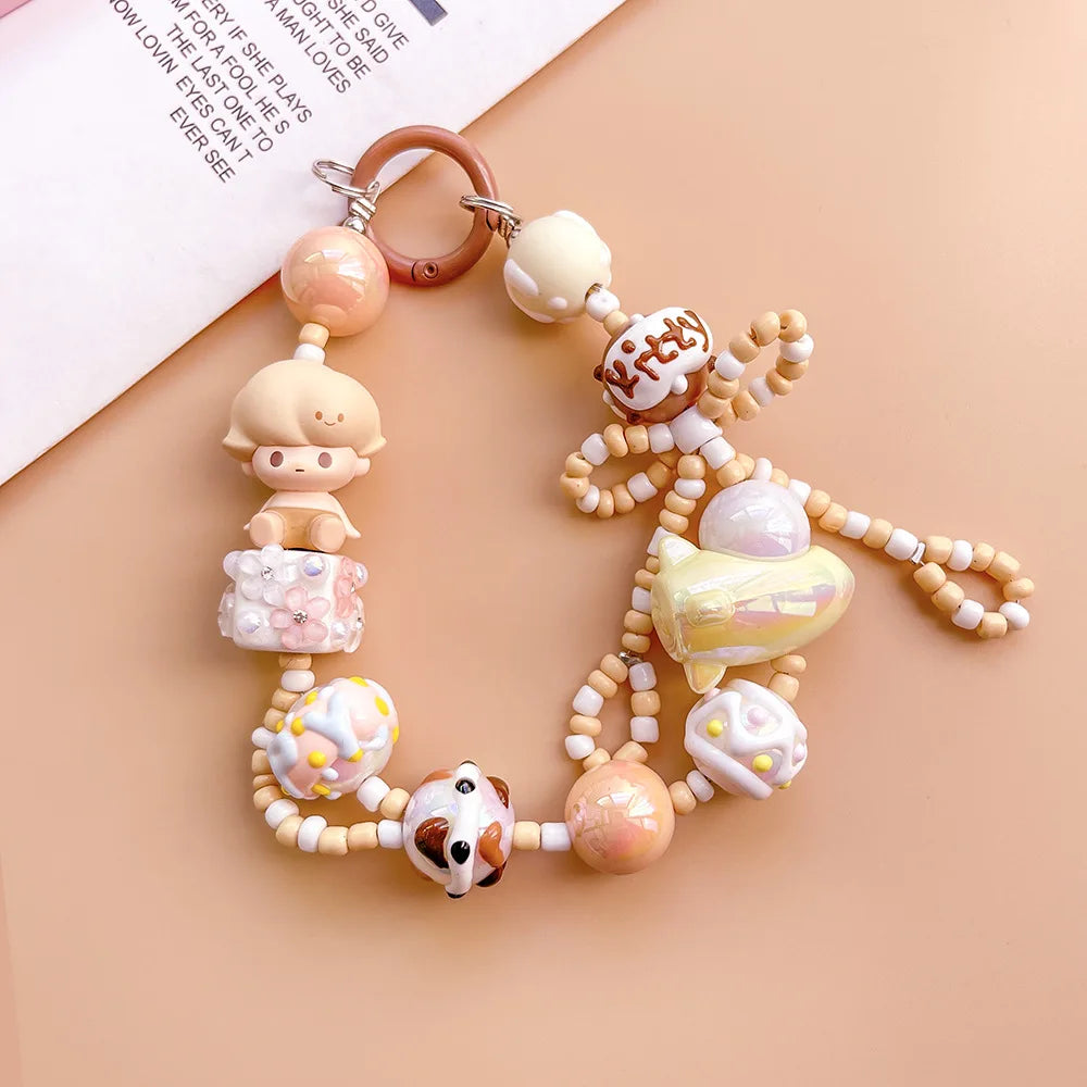 Genuine Cute Grain Sitting Cartoon Beaded Mobile Phone Chain Colored Hand-painted Beads Keychain Bag Pendant Jewelry