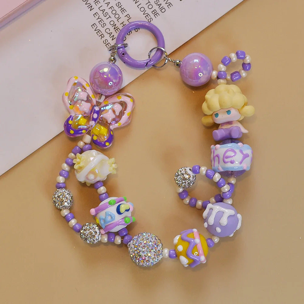 Genuine Cute Grain Sitting Cartoon Beaded Mobile Phone Chain Colored Hand-painted Beads Keychain Bag Pendant Jewelry