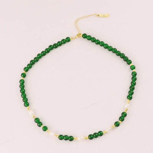 Green Artificial Crystal Handmade Bead Necklace Niche Design Retro Literary and Simple Temperament