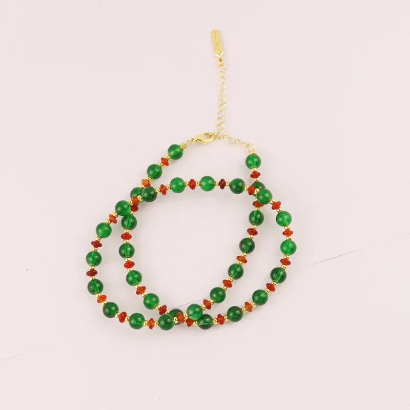 Green Artificial Crystal Handmade Bead Necklace Niche Design Retro Literary and Simple Temperament