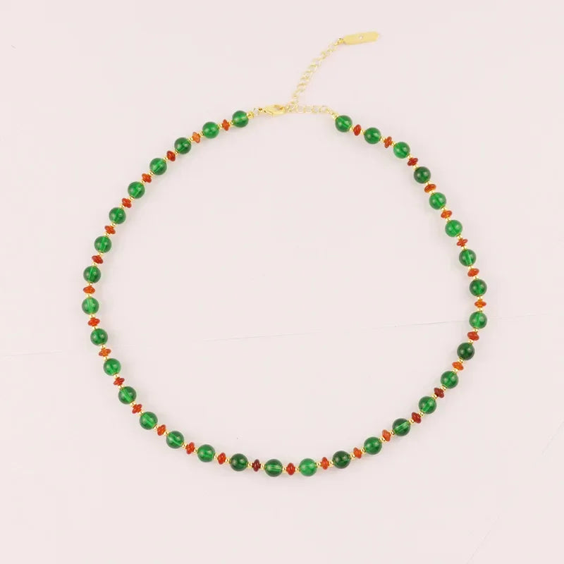 Green Artificial Crystal Handmade Bead Necklace Niche Design Retro Literary and Simple Temperament