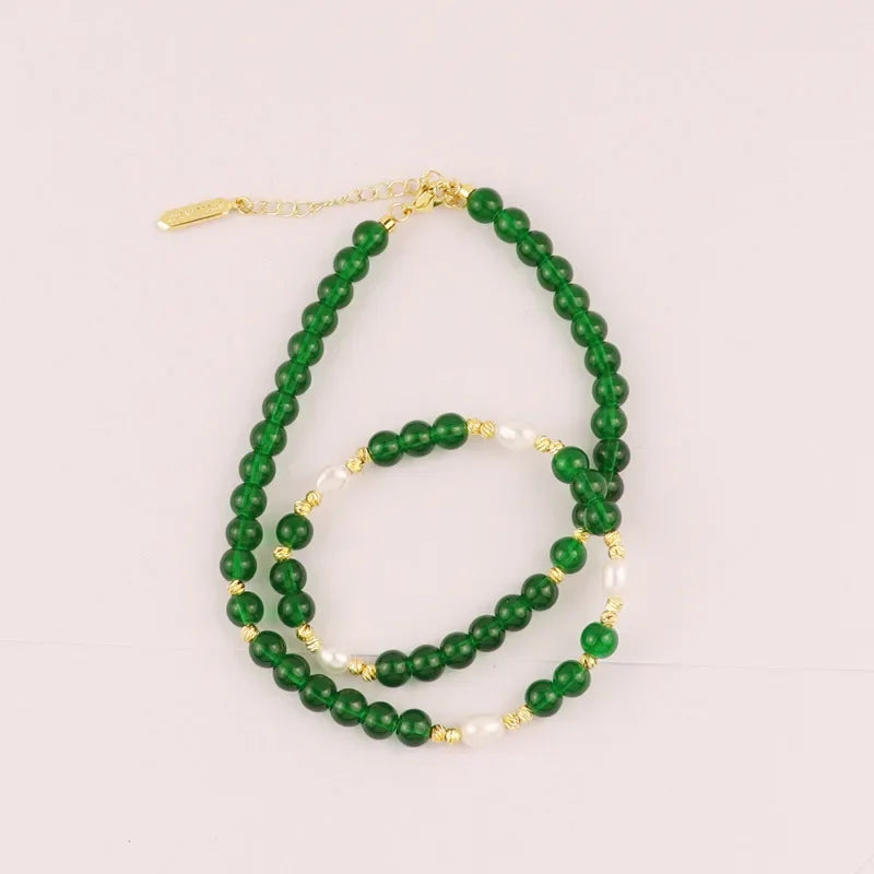 Green Artificial Crystal Handmade Bead Necklace Niche Design Retro Literary and Simple Temperament