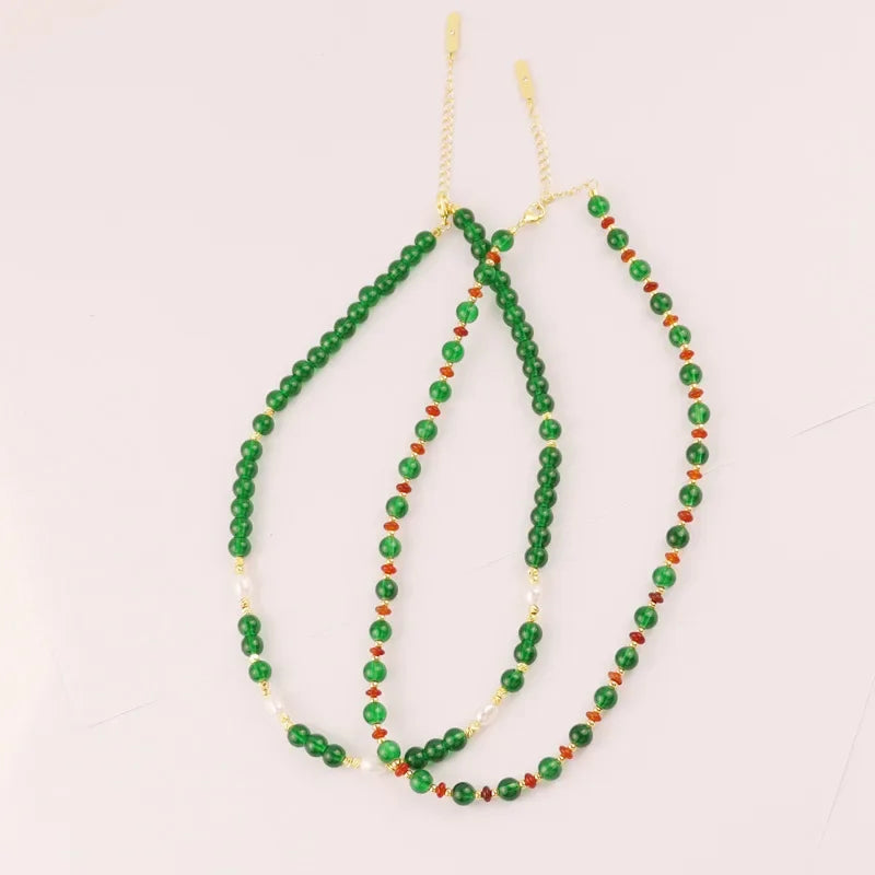 Green Artificial Crystal Handmade Bead Necklace Niche Design Retro Literary and Simple Temperament