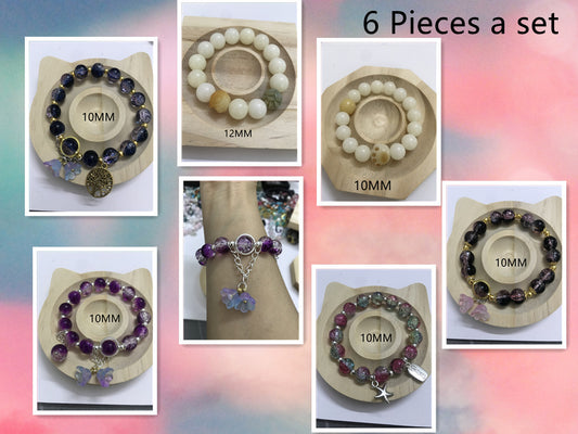 Customized glass bead bracelet, natural bodhi bead elastic bracelet ,6 pieces a set