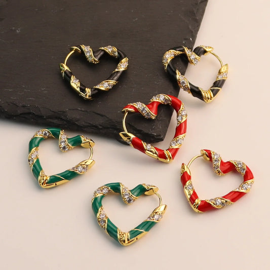 Light luxury and sweet cool style earrings, with a luxurious and shiny zirconia inlaid with colored enamel glaze heart shape