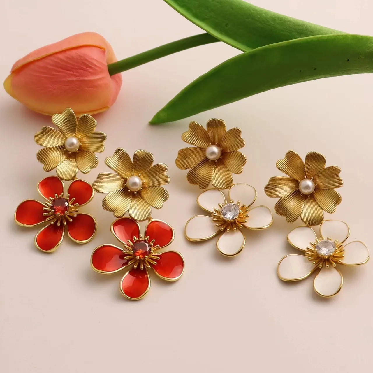 Light luxury, grand atmosphere, high-end feeling, colorful enamel glaze flower earrings, exaggerated and unique personality