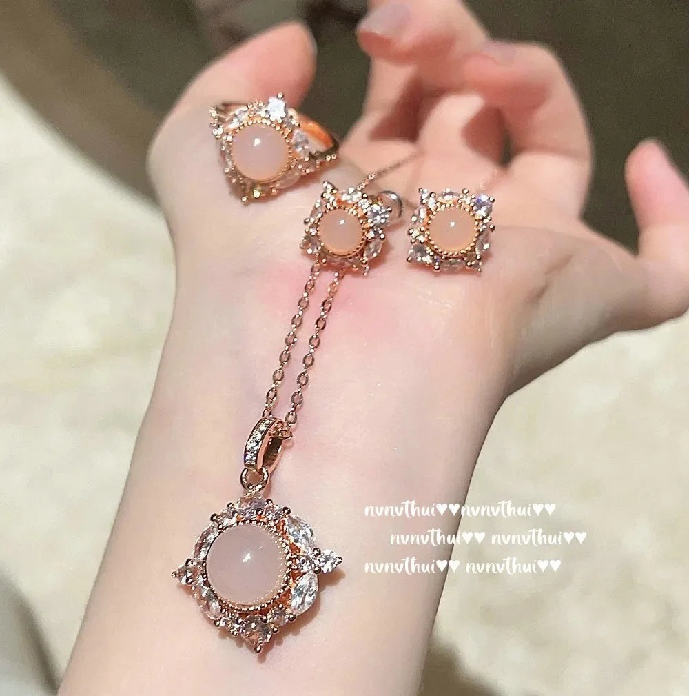 Madagascar Pink Chalcedony, Sunflower Necklace,  Powder Crystal Flower Zircon Ring, Dried Rose.