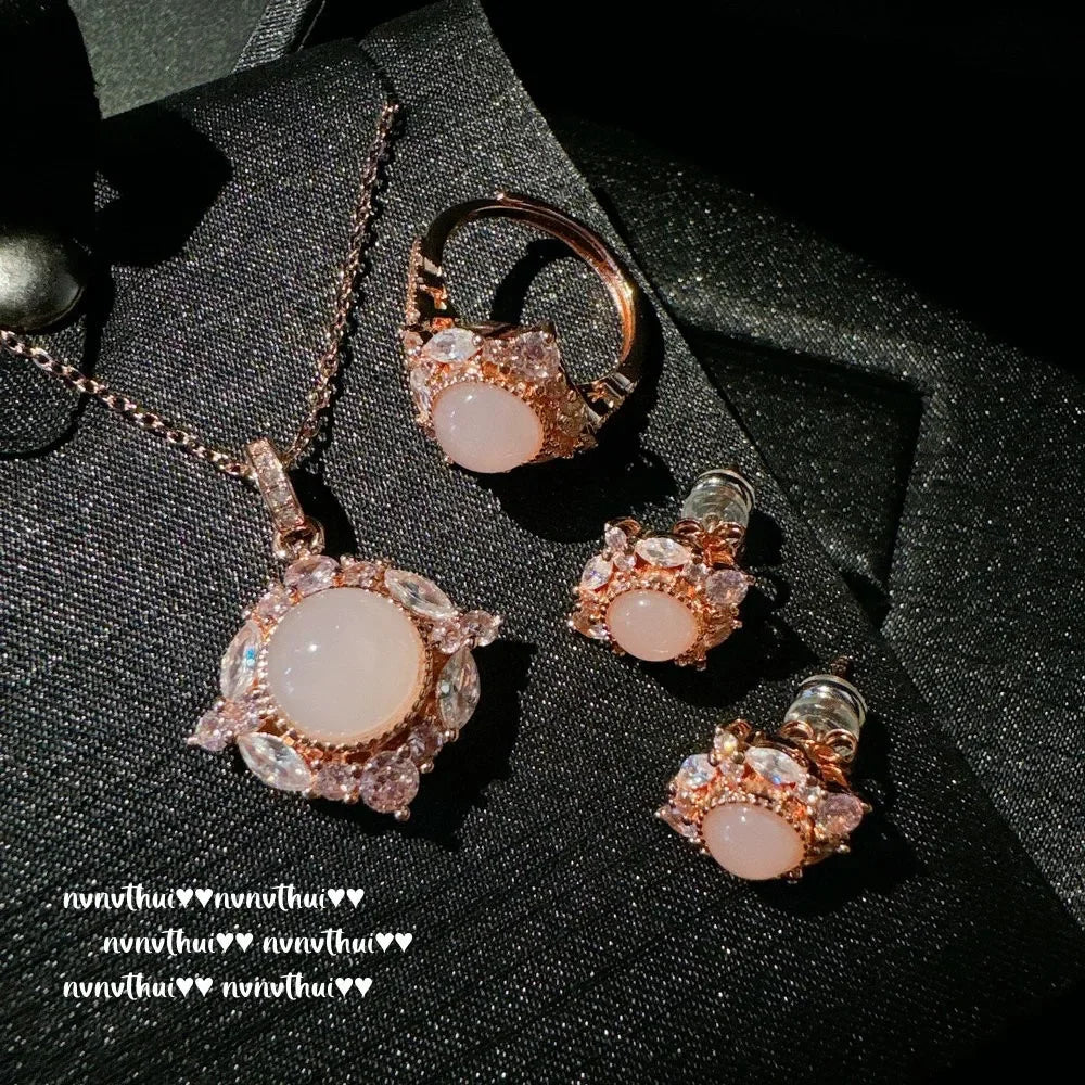 Madagascar Pink Chalcedony, Sunflower Necklace,  Powder Crystal Flower Zircon Ring, Dried Rose.