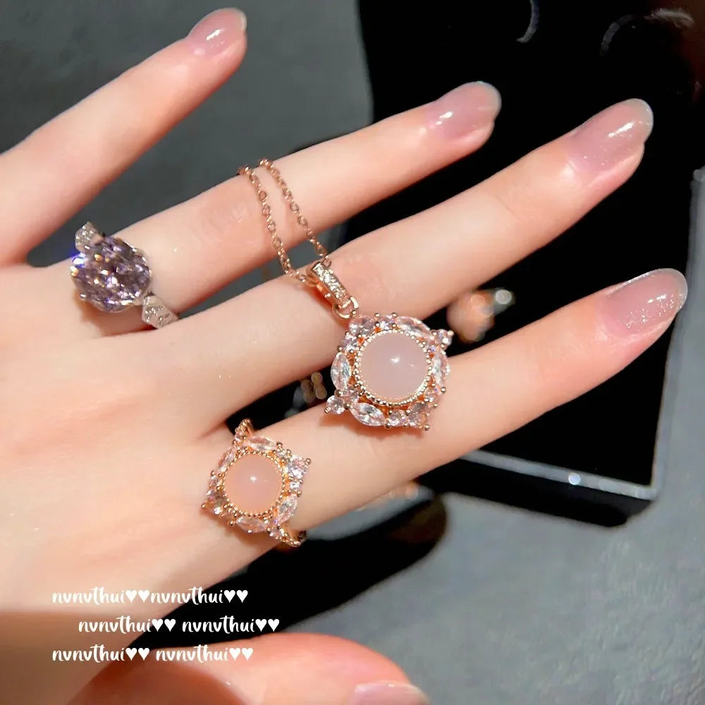 Madagascar Pink Chalcedony, Sunflower Necklace,  Powder Crystal Flower Zircon Ring, Dried Rose.