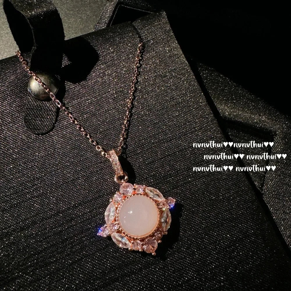 Madagascar Pink Chalcedony, Sunflower Necklace,  Powder Crystal Flower Zircon Ring, Dried Rose.