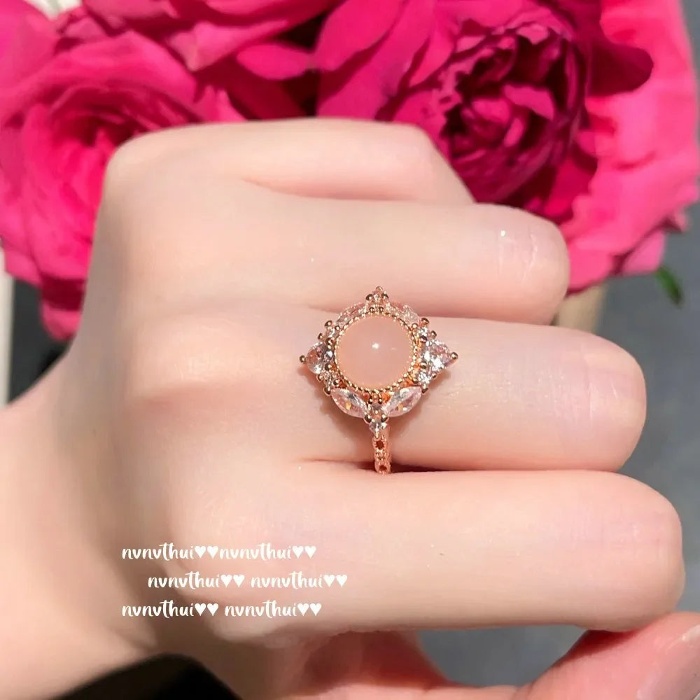 Madagascar Pink Chalcedony, Sunflower Necklace,  Powder Crystal Flower Zircon Ring, Dried Rose.