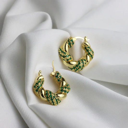 Metal green flash diamond advanced luxury Fried Dough Twists earrings, vintage gold earrings unique earrings