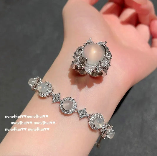 Myanmar Water Foam Jade Sunflower Egg Surface Gemstone Bracelet, Waxy Ice Chalcedony Egg-shaped Zircon Bracelet