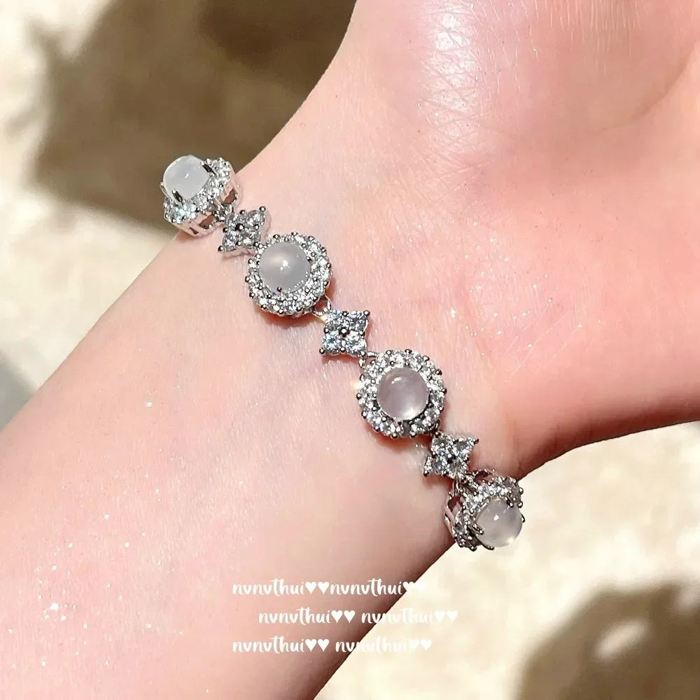 Myanmar Water Foam Jade Sunflower Egg Surface Gemstone Bracelet, Waxy Ice Chalcedony Egg-shaped Zircon Bracelet