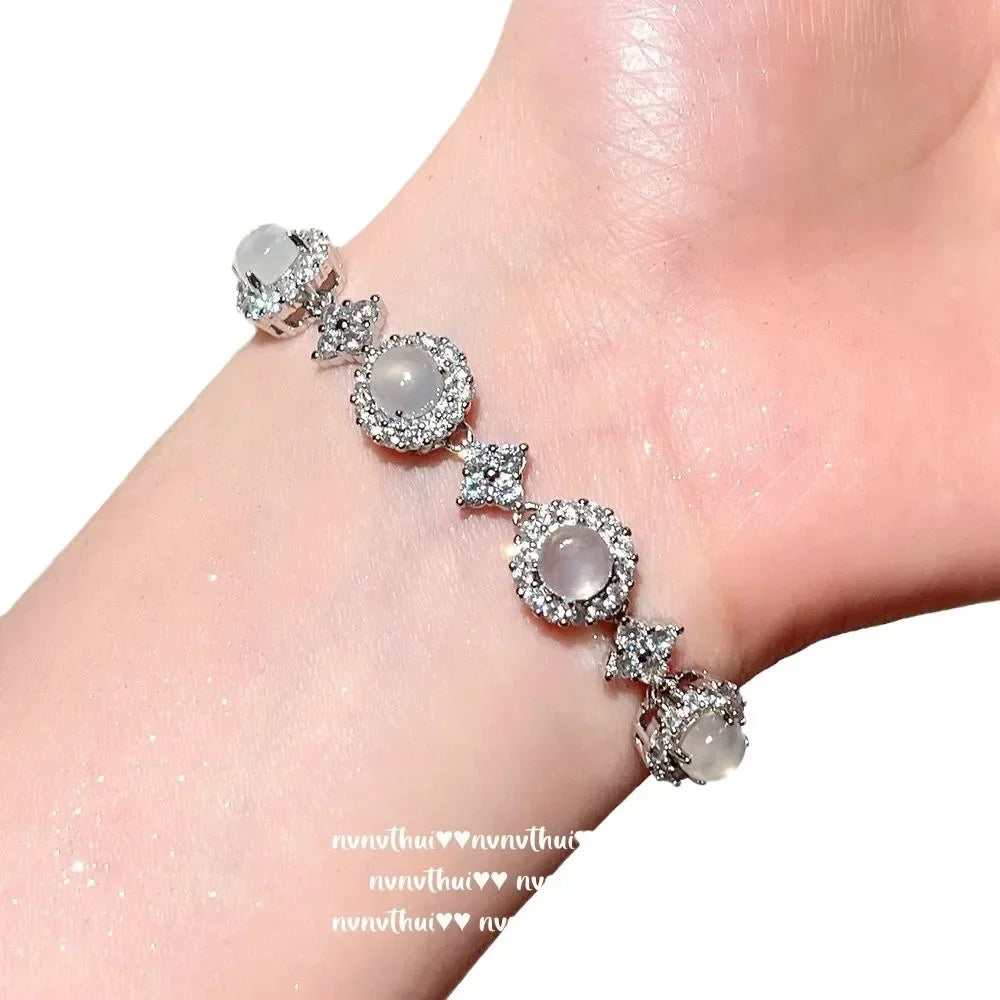 Myanmar Water Foam Jade Sunflower Egg Surface Gemstone Bracelet, Waxy Ice Chalcedony Egg-shaped Zircon Bracelet