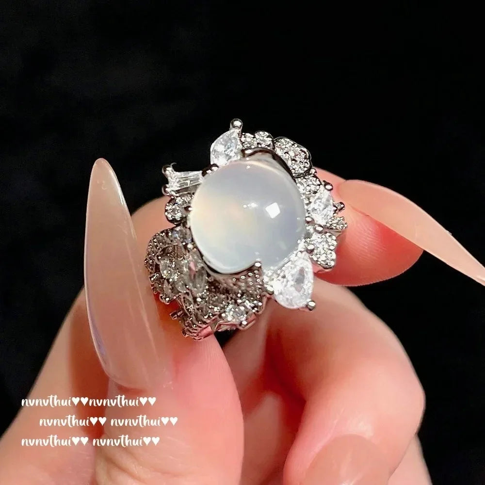 Myanmar Water Foam Jade Sunflower Egg Surface Gemstone Bracelet, Waxy Ice Chalcedony Egg-shaped Zircon Bracelet