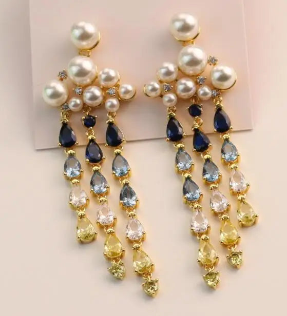 New Fashionable and Elegant Pearl Cloud Zircon Earrings, Tassel Raindrops, Long Luxury Earrings for Women