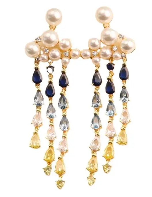 New Fashionable and Elegant Pearl Cloud Zircon Earrings, Tassel Raindrops, Long Luxury Earrings for Women