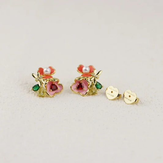 New Mori Flower Green Leaf Three-dimensional Flower Dragonfly Shape Inlaid with Colored Zircon Stud Earrings