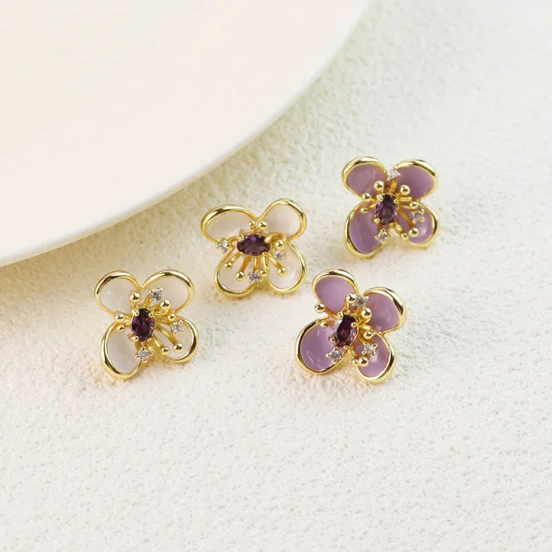 New Peach Blossom Enamel Stud Earrings Simple Fashion Inlaid Rhinestones Fashion Commute