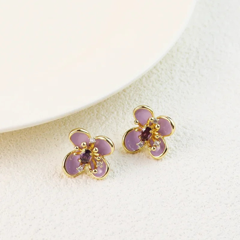 New Peach Blossom Enamel Stud Earrings Simple Fashion Inlaid Rhinestones Fashion Commute